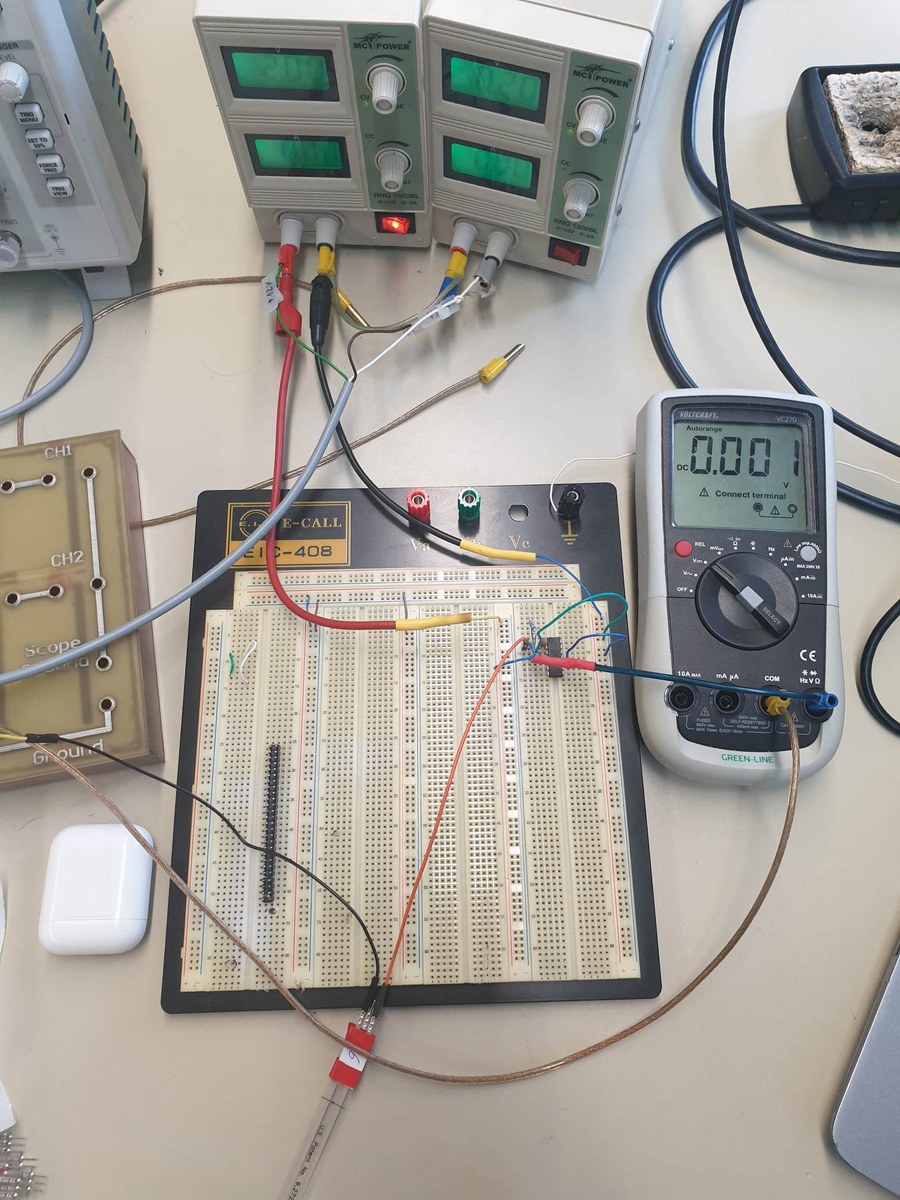 Bench test setup with power supplies, breadboard and multimeter