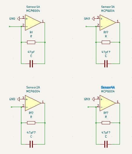 Schematic of the four-channel MCP6004 amplifier